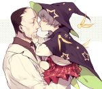  1boy 1girl age_difference cape character_request child closed_eyes couple earrings facial_hair forehead hat holding jewelry joychuo kiss kurogomu labcoat looking_at_another ncktie nose_kiss parted_lips scp_foundation short_hair size_difference skirt star tagme witch_hat 