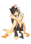  1boy animal_ears barefoot black_hair blockun green_eyes highres male mask original short_hair smile solo 