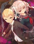  1boy 1girl blonde_hair blush_stickers braid dangan_ronpa freckles glasses grin inumaru_akagi kuzuryuu_fuyuhiko long_hair necktie pekoyama_peko red_eyes school_uniform serafuku skirt smile super_dangan_ronpa_2 twin_braids weapon white_hair 