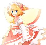  1girl armband blue_eyes bow colored_shadow ellipsis_(artist) fairy_wings fang hair_bow hands_in_sleeves headdress juliet_sleeves layered_dress long_sleeves looking_at_viewer obi open_mouth orange_hair puffy_sleeves short_hair side_ponytail simple_background solo sunny_milk touhou white_background wide_sleeves wings 