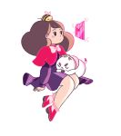  &gt;:&lt; 1girl :&lt; animal_on_head arm_support artist_name bee bee_(bee_and_puppycat) bee_and_puppycat bee_the_human_girl bow brown_hair capelet closed_eyes dress envelope long_hair natasha_allegri puppycat simple_background sitting white_background 