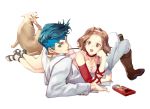  1boy 1girl arnold_(jojo) blue_eyes blue_hair brown_eyes comet_(teamon) dog dress hairband headband jojo_no_kimyou_na_bouken kishibe_rohan pocky short_hair sugimoto_reimi 