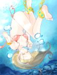  1girl ankle_cuffs anklet armlet barefoot bikini brown_hair bubble diving feet freediving holding_breath jewelry long_hair ocean original pearl ring rock swimsuit underwater upside-down water 