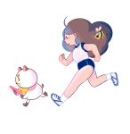  1girl ahoge artist_name bare_legs bee bee_(bee_and_puppycat) bee_and_puppycat bee_the_human_girl bell blue_shorts clenched_hands envelope flying_sweatdrops frown gym_shorts jingle_bell long_hair looking_at_another natasha_allegri open_mouth puppycat running shirt shoes shorts simple_background socks sweatband tagme white_background 