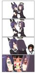  3girls 4koma anger_vein blush brown_hair close-up closed_eyes comic eating eyepatch food fubuki_(kantai_collection) gloves headgear highres kantai_collection mechanical_halo multiple_girls necktie open_mouth personification pocky pocky_kiss purple_hair shared_food short_hair sweatdrop tatsuta_(kantai_collection) tenryuu_(kantai_collection) violet_eyes yellow_eyes yuureidoushi_(yuurei6214) 