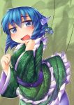  1girl animal_ears blue_eyes blue_hair blush fishing_line fun_bo head_fins japanese_clothes kawashiro_nitori kimono long_sleeves mermaid monster_girl multiple_girls obi open_mouth short_hair solo tears touhou wakasagihime wide_sleeves 