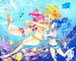  3girls air_bubble anklet barefoot bikini blonde_hair blue_hair blush bracelet breath bubble bubble_blowing coral diving fish freediving happy holding_breath hug jewelry long_hair manta_ray multiple_girls nature ocean pink_hair shorts swimming swimsuit umi_monogatari underwater water 