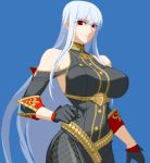  aoi_ship belt black_gloves bodysuit breasts detached_sleeves gloves halterneck huge_breasts long_hair military military_uniform pixel_art red_eyes selvaria_bles senjou_no_valkyria senjou_no_valkyria_1 silver_hair simple_background slender_waist uniform very_long_hair 