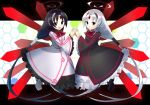  2girls ahoge alternate_color black_hair bow dress dual_persona expressionless forehead_jewel frilled_dress frills hair_tubes holding_hands interlocked_fingers inverted_colors long_hair multiple_girls neon_trim smile twintails under_night_in-birth vatista very_long_hair violet_eyes white_hair wide_sleeves wings yusano 