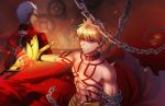  2boys blonde_hair chain dark_skin ea_(fate/stay_night) earrings fate/stay_night fate_(series) gears gilgamesh jewelry multiple_boys red_eyes riring shirtless tattoo unlimited_blade_works white_hair 