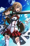  1girl asuna_(sao) bare_shoulders breastplate brown_eyes brown_hair detached_sleeves long_hair saki_(2499io) sword sword_art_online thighhighs weapon yuuki_asuna 