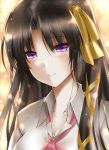  1girl black_hair blush clog_(n-ym0822) kurugaya_yuiko little_busters!! long_hair ribbon school_uniform smile solo violet_eyes 