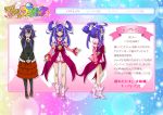  1girl arm_warmers banjoo bike_shorts black_legwear blue_hair boots character_sheet concept_art detached_sleeves dress english eyelashes glasses hair_ornament hair_ribbon half_updo happy heart high_heels highres long_hair looking_at_viewer magical_girl necktie open_mouth original pink_dress precure puffy_sleeves red_eyes ribbon shoes shorts shorts_under_skirt skirt smile solo standing tagme translation_request twintails 