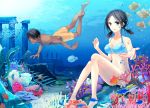  1boy 1girl barefoot bikini black_hair bubble coral dark_skin diving fish freediving holding_breath lobster original puffy_cheats ruins short_hair short_twintails swim_trunks swimming swimsuit twintails underwater water 