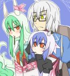  book ex-keine glasses green_hair grey_hair horns kamishirasawa_keine morichika_rinnosuke multicolored_hair pocky sag_(karehabase) tail tokiko_(touhou) touhou two-tone_hair wings yellow_eyes 