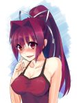 1girl blush breasts cleavage hair_intakes hair_ribbon large_breasts ponytail purple_hair red_eyes ribbon solo spaghetti_strap tank_top taut_clothes under_night_in-birth yusano yuzuriha_(under_night_in-birth) 
