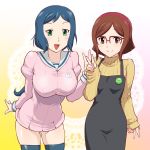  2girls :d apron blue_legwear blush breasts brown_eyes brown_hair cosplay costume_switch dress glasses green_eyes gundam gundam_build_fighters hairband haro_button_badge iori_rinko iori_rinko_(cosplay) kousaka_china kousaka_china_(cosplay) large_breasts leaning_forward looking_at_viewer multiple_girls open_mouth over-rim_glasses ponytail red-framed_glasses ribbed_sweater sailor_dress semi-rimless_glasses skindentation smile sweater taut_clothes taut_shirt thighhighs turtleneck turtleneck_sweater ueyama_michirou v 