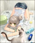  1girl :p barefoot bathroom cat green_eyes grey_hair hair_bun opera_(mio303) shorts shower soap solo tongue water wet 