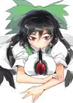  1girl black_hair black_wings blush bow breasts cape hair_bow incoming_kiss large_breasts looking_at_viewer mouth_hold pocky puffy_sleeves red_eyes reiuji_utsuho shirt short_sleeves sinzan solo third_eye touhou wings 