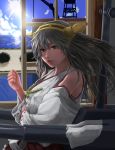  1girl blue_sky cannon chaki_(emeraldia) clenched_hand crane detached_sleeves glint grey_eyes grey_hair haruna_(kantai_collection) headband headgear highres jewelry kantai_collection long_hair looking_at_viewer necklace nontraditional_miko parted_lips shimenawa sky sliding_doors solo sun water 