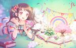  1girl autumn_leaves bare_shoulders book boya brown_hair cherry_blossoms clouds food_themed_clothes hair_ornament long_hair megaphone nail_polish original pink_eyes rainbow solo tree twintails 