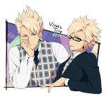  2boys blonde_hair blue_eyes chin_rest dramatical_murder earrings formal glasses jewelry leaning mosako multiple_boys necktie plaid plaid_necktie plaid_vest suit trip_(dramatical_murder) vest virus_(dramatical_murder) 