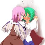  2girls against_wall antennae armband bird_wings blush cape cato_(monocatienus) dress dress_shirt eye_contact green_eyes green_hair jewelry long_sleeves looking_at_another multiple_girls mystia_lorelei no_hat open_mouth pink_hair pocky shadow shirt short_hair simple_background single_earring touhou violet_eyes wavy_mouth white_background wriggle_nightbug wrist_grab 