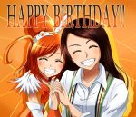  2girls arm_warmers birthday brown_hair choker closed_eyes cure_sunny detached_sleeves dress earrings english eyelashes fang hair_bun hair_ornament half_updo happy happy_birthday hino_akane jewelry long_hair looking_at_viewer magical_girl multiple_girls orange_background orange_dress orange_hair precure ribbon seiyuu seiyuu_connection shirt shogo_(4274732) short_hair smile smile_precure! tano_asami wrist_cuffs 