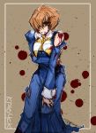  1girl arcana_heart blood breasts cross cuts dress elsa_la_conti hair_over_one_eye hand_on_knee injury large_breasts minatsu_(popsta) orange_eyes orange_hair short_hair solo torn_clothes torn_dress 