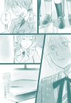  2girls background bai_lao_shu black_hair blush classroom comic couple embarrassed erica_hartmann gertrud_barkhorn hands highres long_hair looking_down multiple_girls o_o open_mouth school_uniform short_hair strike_witches surprised sweater translation_request twintails yuri 