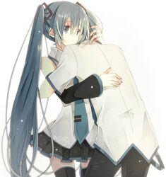  1boy 1girl aqua_eyes aqua_hair detached_sleeves hatsune_miku hatsune_mikuo hug long_hair nail_polish necktie pima_mashiro thighhighs twintails vocaloid 