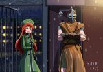  1boy 1girl aqua_eyes armor blush bracer braid chainmail chinese_clothes crossed_arms crossover gate guard hat helmet hong_meiling long_hair long_sleeves open_mouth redhead snowing standing star suibotuouji the_elder_scrolls_v:_skyrim touhou twin_braids weapon 