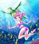  1girl air_bubble barefoot bikini breath bubble coral diving fish freediving green_eyes highres manta_ray ocean pink_hair sea_turtle swimming swimsuit turtle umi_monogatari 