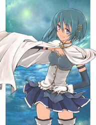  1girl armband banchii blue_eyes blue_hair cape gloves hair_ornament hairclip magical_girl mahou_shoujo_madoka_magica mahou_shoujo_madoka_magica_movie miki_sayaka short_hair smile solo soul_gem thighhighs zettai_ryouiki 