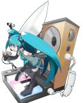  1girl aqua_eyes aqua_hair boots detached_sleeves hatsune_miku long_hair microphone microphone_stand necktie open_mouth pinky_out satellite_dish skirt solo speaker thigh_boots thighhighs twintails very_long_hair vocaloid wink yomi_(incubator) 