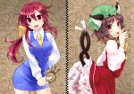  2girls :p alternate_costume animal_ears blush bow brown_eyes brown_hair cat_ears cat_tail chen chinese_clothes earrings formal hair_bow jewelry key keyring kotohime long_hair miniskirt multiple_girls multiple_tails necktie petticoat ponytail red_eyes redhead short_hair skirt skirt_suit suit tail tongue touhou touhou_(pc-98) yukian 