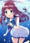  1girl :o aixioo barefoot blue_eyes bubble highres long_hair mukaido_manaka nagi_no_asukara redhead sailor_dress scrunchie solo underwater water 