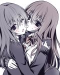  2girls blush hug licking long_hair long_sleeves looking_at_viewer monochrome multiple_girls original oryou pocky school_uniform simple_background spot_color white_background wink yuri 