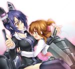  2girls blush breasts brown_eyes brown_hair checkered_necktie eyepatch half_updo headgear hug inazuma_(kantai_collection) kantai_collection large_breasts machinery multiple_girls open_mouth personification purple_hair shook short_hair sweatdrop tenryuu_(kantai_collection) thighhighs turret yellow_eyes 