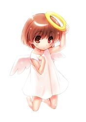  1girl angel angel_wings barefoot brown_eyes brown_hair child clannad dress halo okazaki_ushio short_hair tagme wings zen 