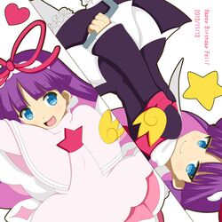  2013 2girls character_name dated dress dual_persona feli frills hairband happy_birthday heart long_hair miicha multiple_girls purple_hair puyopuyo puyopuyo_fever rotational_symmetry star white_feli 