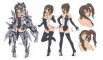  1girl armlet armor armpits ass back bangs bare_shoulders barrette black_gloves black_legwear bodysuit boots breasts brown_hair bust character_sheet choker cleavage clenched_hand clenched_hands collarbone concept_art covered_navel criss-cross_halter dated deviantart drill_hair elbow_gloves elbow_pads fingerless_gloves full_body gatling_gun gloves gluteal_fold gun hair_between_eyes hair_ornament hairclip halter_top halterneck hand_on_hip hand_up head_tilt headdress headgear headset high_heel_boots high_heels highleg highleg_leotard jewelry knee_pads leaning leg_armor leg_lift leg_up leotard long_hair looking_at_viewer looking_away looking_back looking_up mecha_musume mechanical_arm original outstretched_arm pigeon-toed red_eyes rubber_band shoes short_hair_with_long_locks side_ponytail sideboob simple_background skin_tight smile standing standing_on_one_leg thigh_boots thighhighs topless torn_clothes torn_leotard torn_thighhighs turnaround twin_drills twintails watermark weapon web_address white_background 