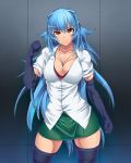  1girl blue_hair breasts brown_eyes cleavage elbow_gloves gloves jewelry large_breasts long_hair miniskirt muscle necklace original skirt solo thighhighs utako623 very_long_hair zettai_ryouiki 