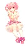  1girl bubble_skirt choker gloves hair_tussle kaname_madoka kinoko kneehighs magical_girl mahou_shoujo_madoka_magica open_mouth pink_eyes pink_hair short_hair simple_background smile solo twintails white_background white_gloves white_legwear 