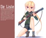  1girl blonde_hair de_lisle_carbine dreadtie fang gun highres hoodie jessica_jefferson long_hair original payot ponytail red_eyes rifle shorts solo very_long_hair weapon 