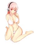  1girl bikini blush breasts headphones highres long_hair looking_at_viewer nitroplus pink_hair red_eyes simple_background smile solo super_sonico swimsuit tigersaber white_background 