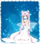  1girl bishoujo_senshi_sailor_moon blue_background blue_eyes bow crescent double_bun dress earrings facial_mark forehead_mark highres jewelry kneeling kousetsu-star long_hair moon_stick queen_serenity solo twintails wand white_dress white_hair 