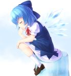  1girl blue_hair blush bow chintara cirno closed_eyes detached_wings dress fine_art_parody hair_bow loafers parody profile shoes short_hair sitting solo the_thinker thinking touhou wings 