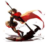  1girl artist_request boots cape character_name dress english grey_eyes multicolored_hair ruby_rose rwby scythe short_hair skirt solo two-tone_hair weapon 