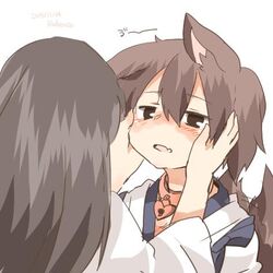  2girls akagi_(kantai_collection) animal_ears black_eyes blush brown_hair choker dog_ears dog_tail fang kaga_(kantai_collection) kantai_collection long_hair lowres multiple_girls open_mouth rebecca_(keinelove) short_hair side_ponytail tail 